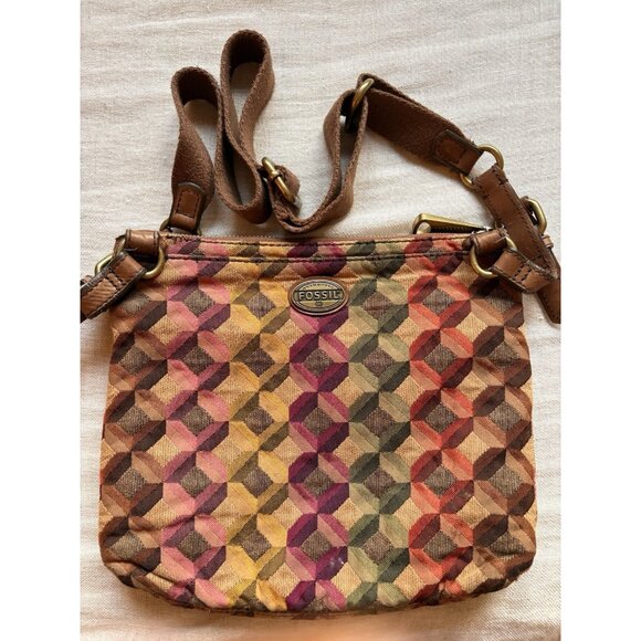 FOSSIL Diamond Tapestry Multi Zip Crossbody Shoulder Bag Hippie Boho - Picture 1 of 8